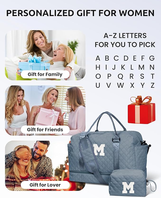 Birthday Gifts for Women - Initial Personalized Duffle Bag with Shoe Compartment - Teens Weekender & Overnight Travel Bag (Letter C)