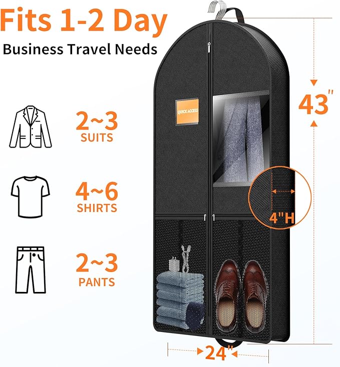 Garment Bag Travel Hanging Clothes: 43 Inch 2 Packs Fabric Breathable Foldable Zippered Pockets - Closet Storage Cover Packable - Men's Suit Shirts Uniform Jacket Jersey Tuxedo