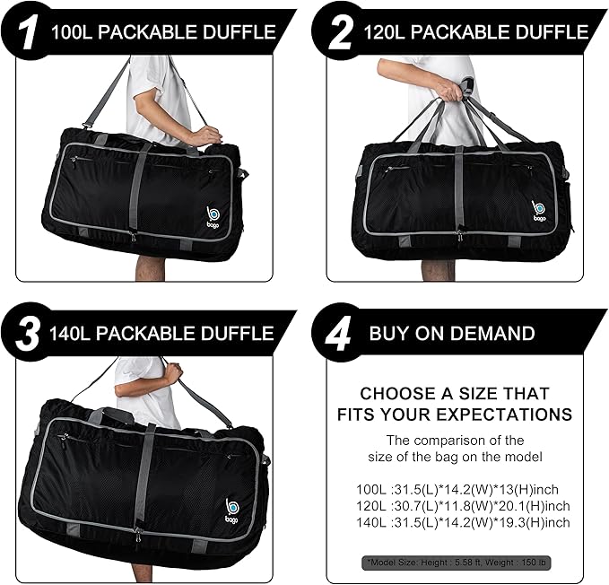 Bago Large Foldable Duffel Bags for Traveling Women & Men - 120L Packable Duffle Bag for Travel with Shoe Compartment - Water Repellant, Heavy Duty, Lightweight Folding & Collapsible (Purple)