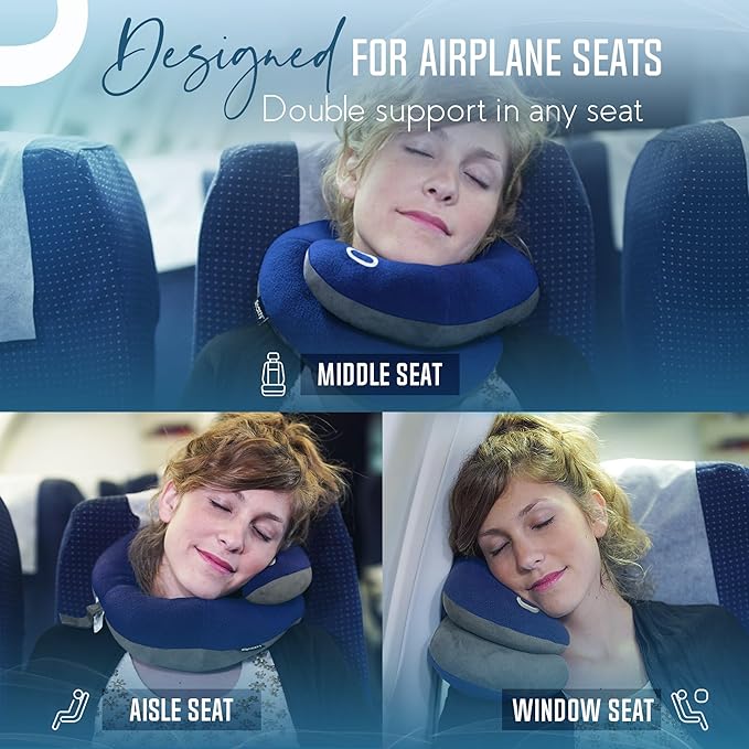 BCOZZY Travel Neck Pillow for Airplane – Patented Double Support for Head, Neck, and Chin. Best for Long Flights, Plane Sleeping & Car Rides. Adjustable Size. Fully Washable. Carry Bag. X-Large, Navy