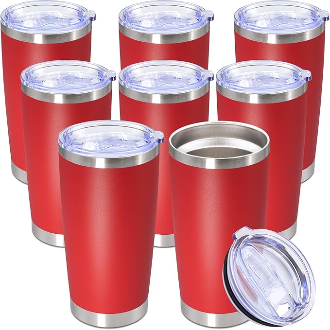 20oz Tumbler Bulk Stainless Steel Tumbler Cup with Lid Vacuum Insulated Double Wall Travel Mug, Durable Powder Coated Travel Coffee Tumbler Mug for Hot & Cold Drinks, Red,8 Pack