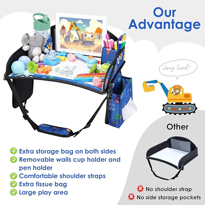 Kids Travel Tray for Airplane - Toddler Car Seat Table Tray, Road Trip Essentials for Boys & Girls, Carseat Lap Desk for Kids Road Trip Activities (Dark Blue Car)