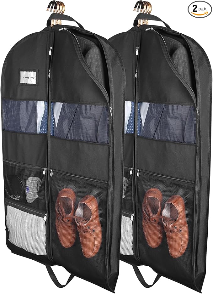 Garment Bags for Travel, 2 Pack 43" Hanging Garment Bags for Men, Double Sides Zipper & 3 Large Mesh Pockets, Garment bag for Traveling Monogrammed Closet Clothes Storage