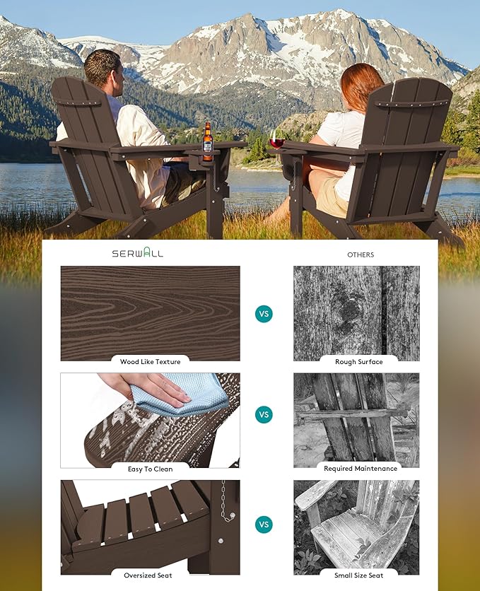 SERWALL Adirondack Chair with Cup Holders - Composite Adirondack Chairs Set of 8 HDPE Outdoor Chairs All Weather Use- Coffee