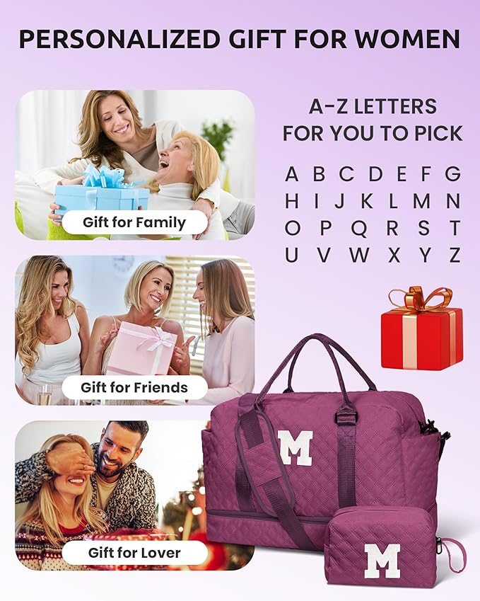 Granddaughter Gift from Grandmom, Teen Birthday Gift-Initial Travel Bag with Shoe Compartment, Weekender Bag, Monogram Overnight Bag for Women, Letter Travel Bag with Makeup Bag (Letter Q)
