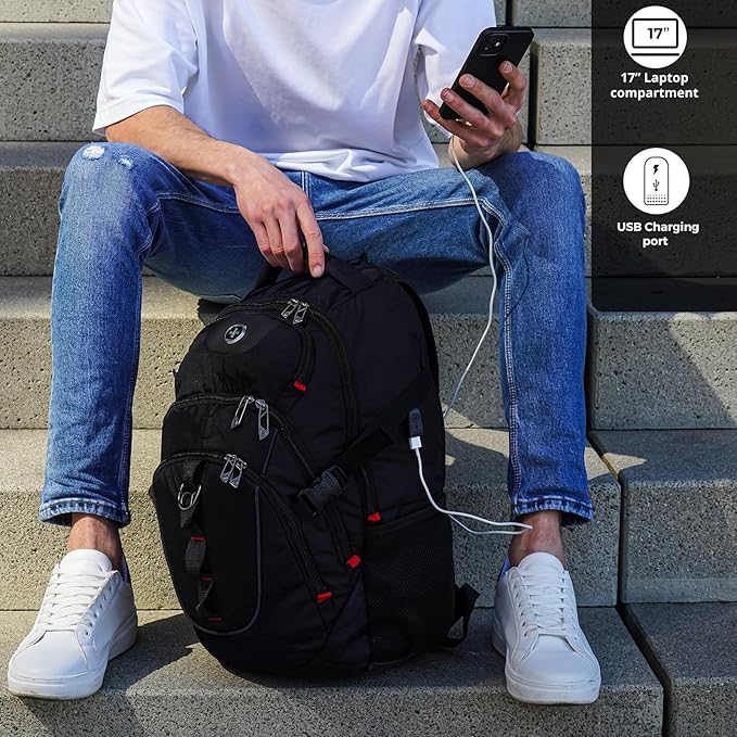 Swissdigital Design Laptop Backpack with USB Charging Port, TSA Travel Backpack Fits 15.6 inches Computer, 31L College School Backpack for Men, Black | SD803