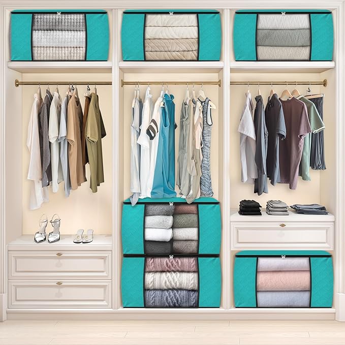 Fab totes 24 Gallons Clothes Storage, Foldable Thick Fabric Blanket Storage Bags, Containers for Organizing Bedroom, Closet, Clothing, Comforter, Organization with Handle (8 Pack,Green)