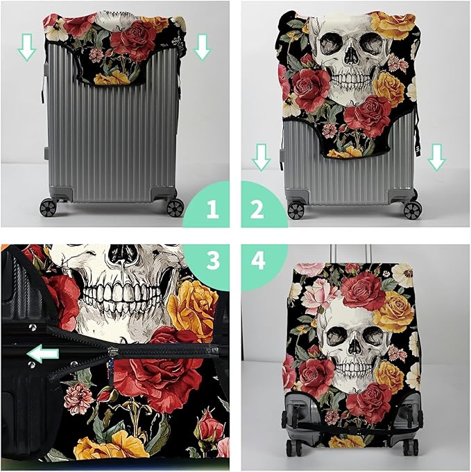 Luggage Cover Suitcase Protector Plus 1 Luggage Tag, Sugar Rose Skull Travel Suitcase Cover for 26-28 inch Luggage (L) with Concealed Zipper Washable Elastic Cloth Dustproof Anti-Scratch