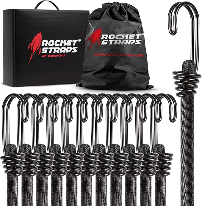 Rocket Straps - Ultimate Outdoor Bungee Cord Assortment - Heavy Duty Set of 12 Bungee Cords (72") Double-J Hooks - Elastic Straps for Camping, Securing, and DIY and Multipurpose