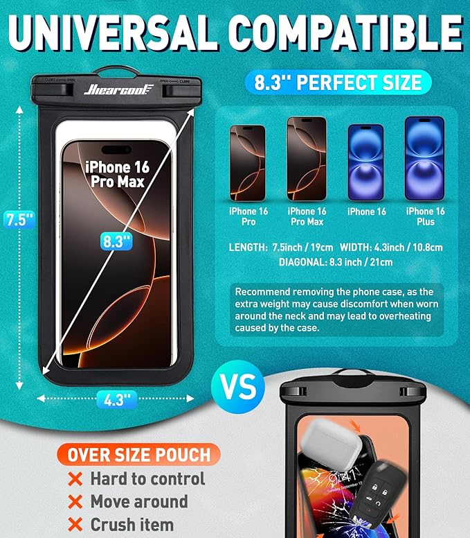 Hiearcool Universal Waterproof Phone Pouch,Underwater Dry Bag for iPhone 16 15 14 13 Pro Max XS Plus up to 8.3",IPX8 Cell Phone Case for Cruise Travel Essentials-Black&Clear-2Pack