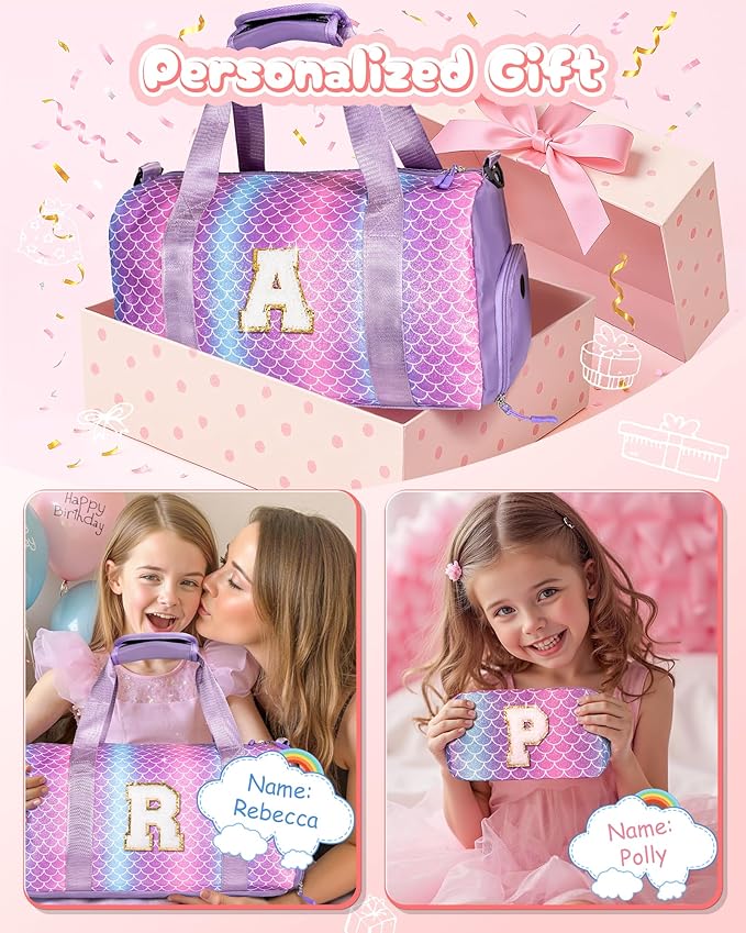 Birthday Gift for Daughter 3-12 Years Old-Girl Gym Bag with Shoe Compartment, Kid Personalized Dance Bags, Initial Travel Tote with Makeup Pouch, Gifts for Granddaughter (Letter A)
