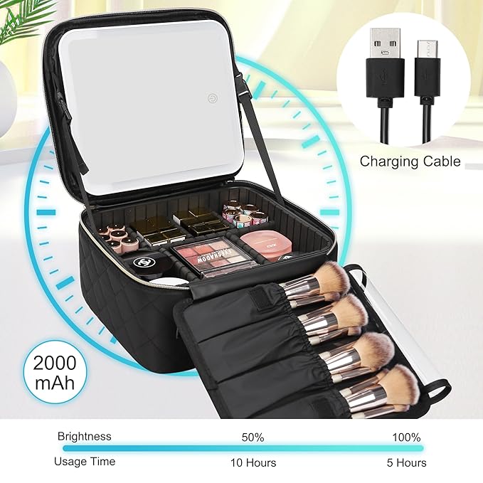Relavel Travel Makeup Bag With Light Up Mirror, Cosmetic Train Case with LED Mirror, Professional Makeup Case for Makeup Artist, Waterproof Makeup Brush Holder Organizer Storage, Rhombus Black