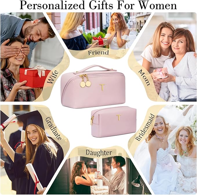 Birthday Gifts for Women Teen Girl, Personalized Initial Makeup Organizer Bag Set, Open Flat Travel Cosmetic Bag With Clear Divider and Handle(Pink,T)