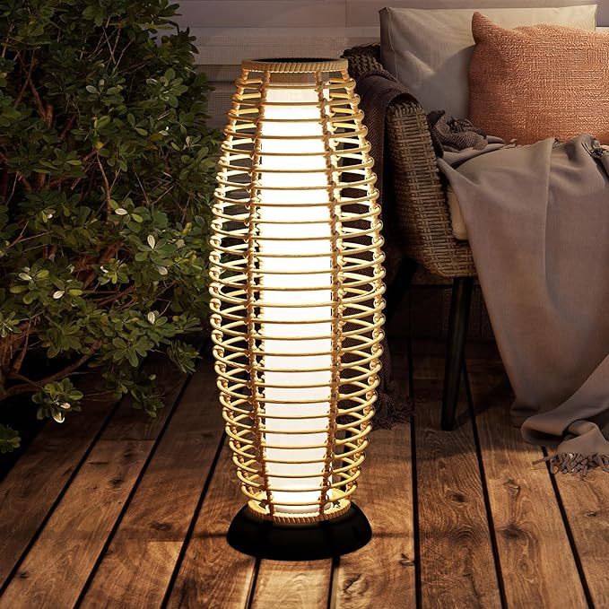 Grand patio Floor Lamp Outdoor Lamp Patio Lights Solar Powered Lantern Weather-Resistant Wicker Deck Lights, Lamp Large-Sized for Garden (Austin Natural Brown)