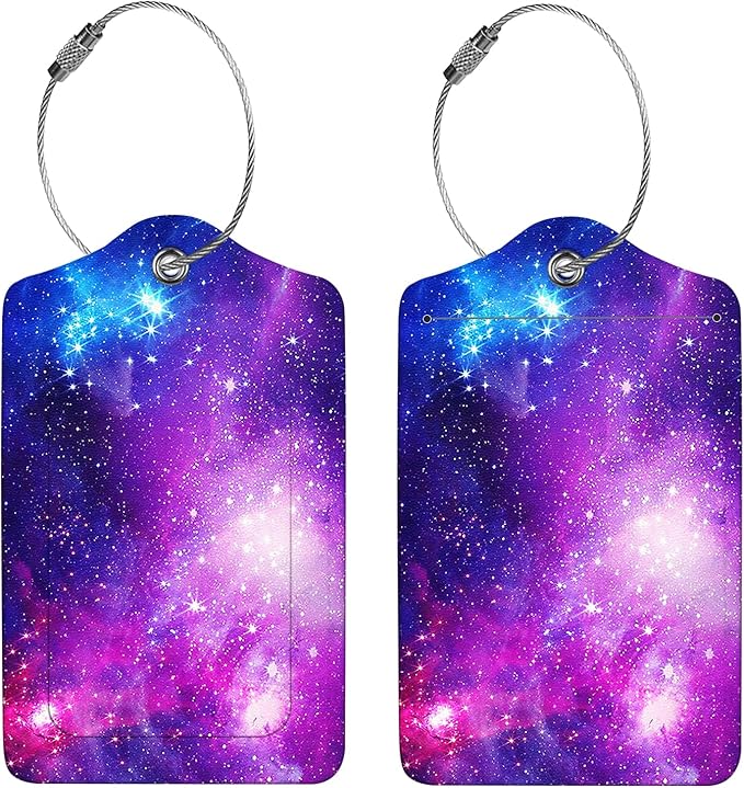 2 Pcs Luggage Tags for Suitcase, Cute Unique PU Leather Travel Bag Tag with Privacy Cover ID Label Address Card and Durable Metal Ring Suitable for Men Women Children Backpack,Purple Star River