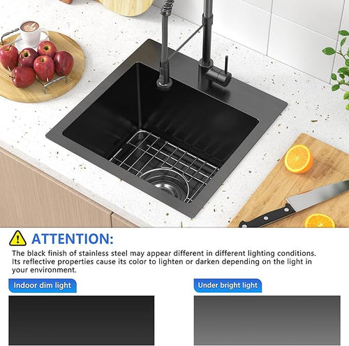 15 x 15 inch Drop in Bar Sink Black, Gunmetal Black Bar Sink 18 Gague Topmount Single Bowl Small Kitchen Sink with Basket Strainer Drain & Bottom Grid