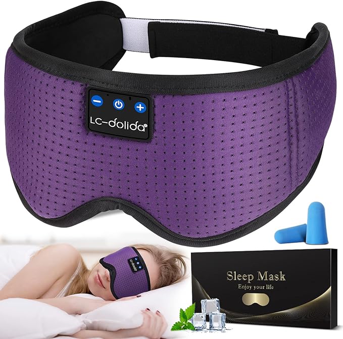 LC-dolida Sleep Headphones, Silk Sleep Mask Bluetooth Wireless Music Eye Mask, Sleeping Headphones for Side Sleepers Sleep Mask with Bluetooth Headphones Ultra-Thin Stereo Speaker Perfect for Sleeping