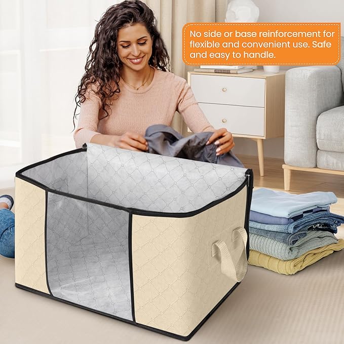 Fab totes 24 Gallons Clothes Storage, Foldable Thick Fabric Blanket Storage Bags, Containers for Organizing Bedroom, Closet, Clothing, Comforter, Organization with Handle (6 Pack,Beige)