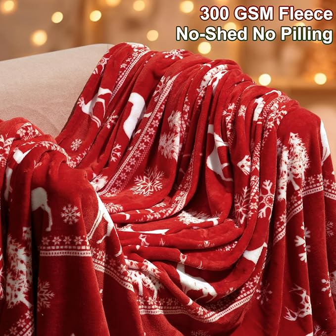 PHF Printed Fleece Blanket King Size, No Shed No Pilling Ultra Soft Plush Cozy Xmas Prints Theme Home Décor Flannel Blanket for Bed, Sofa, Couch and Gift, 108" x 90", Reindeer and Trees, Red