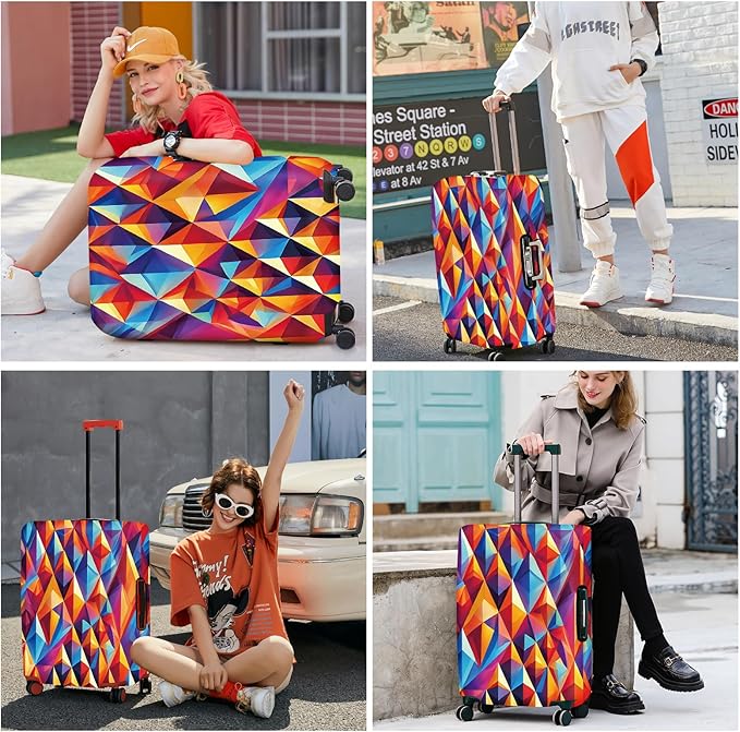 ANNA QUEEN Colorful Geometric Luggage Cover, Abstract Prism Pattern Suitcase Protector, Stretchable, Washable Travel Cover for 24-26 Inch Luggage, Bright, Durable & Eye-Catching