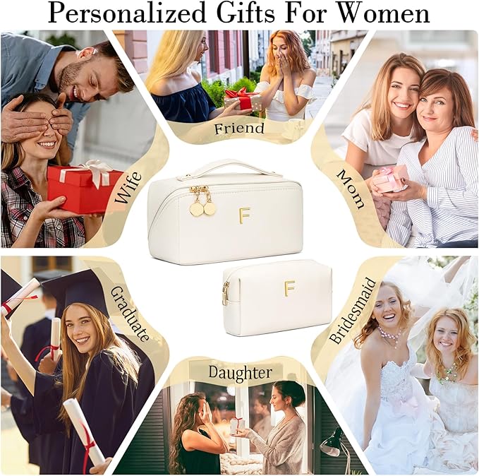 Birthday Gifts for Women Teen Girl, Personalized Initial Makeup Organizer Bag Set, Open Flat Travel Cosmetic Bag With Clear Divider and Handle(Beige,F)