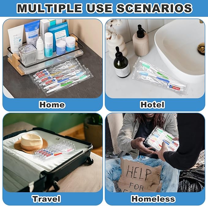 Disposable Toothbrushes with Toothpaste and Floss,100pcs Single Use Individually Wrapped Disposable Travel Toothbrushes and Dental Floss Kit Bulk for Homeless,Airbnb,Dentist,Hotel(5 Colors)