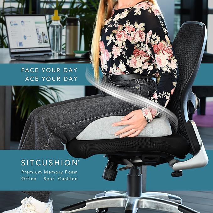 Pressure Relief Seat Cushion for Tailbone Pain – X Large Office Chair Cushion for Back Pain, Coccyx & Sciatica Pain Relief Pillow. Memory Foam Seat Cushions for Office Chairs. Extra Cover (Black)