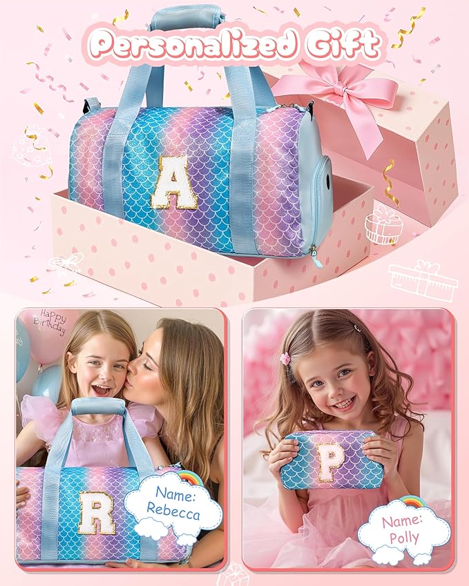 Easter Gifts for Kids-Girl Gym Bag with Shoe Compartment, Kid Personalized Weekender Overnight Bags, Initial Travel Tote with Makeup Pouch, Valentines Day Gift for Girls (Letter R)