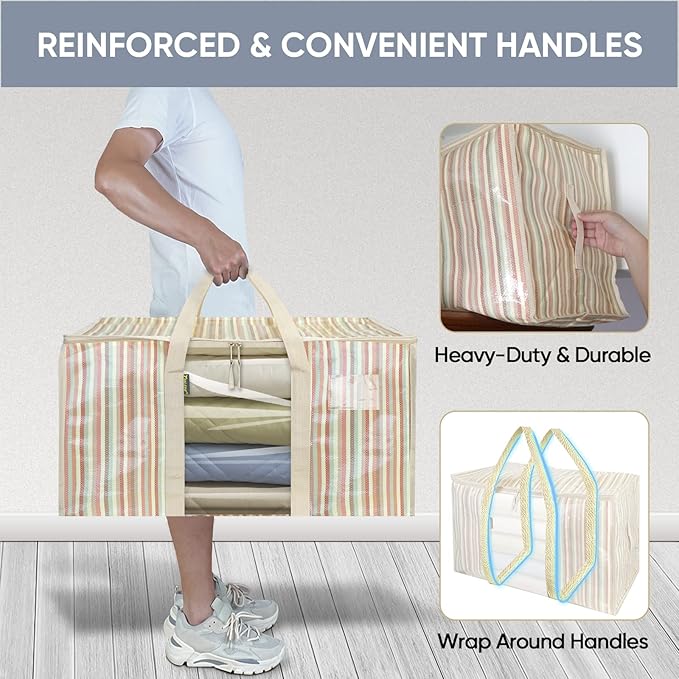 BALEINE 2-Pack Oversized Moving Bags with Reinforced Handles, Heavy-Duty Storage Tote for Clothes, Moving Supplies (Color Stripe with Window, 2-Pack)