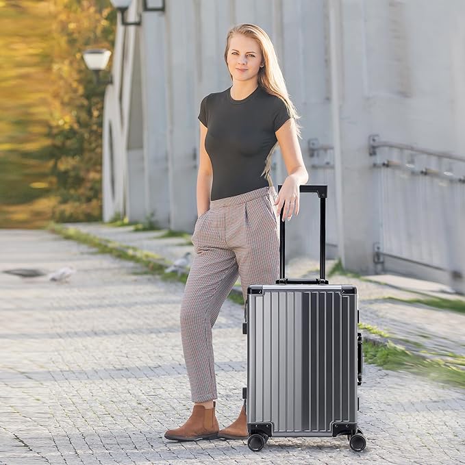 YYW Aluminum Carry-On Luggage Airline Approved Lightweight Suitcase with TSA Lock and Silent Wheels, Hardshell Spinner Business Travel (Gunmetal gray, 24in)