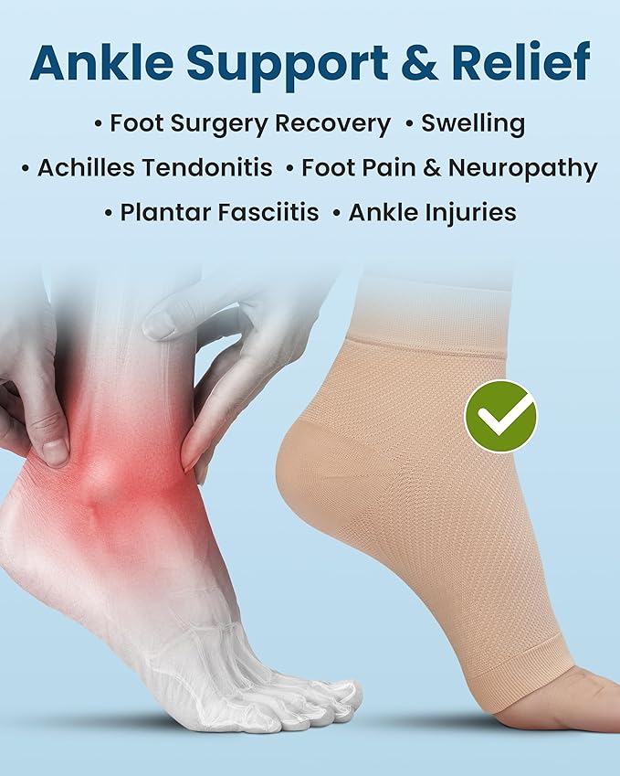 KEMFORD Ankle Compression Sleeve with Cooling Effect - Plantar Fasciitis Braces - Open Toe Compression Socks for Swelling, Sprain, Neuropathy, Arch Support for Men and Women - M, Beige