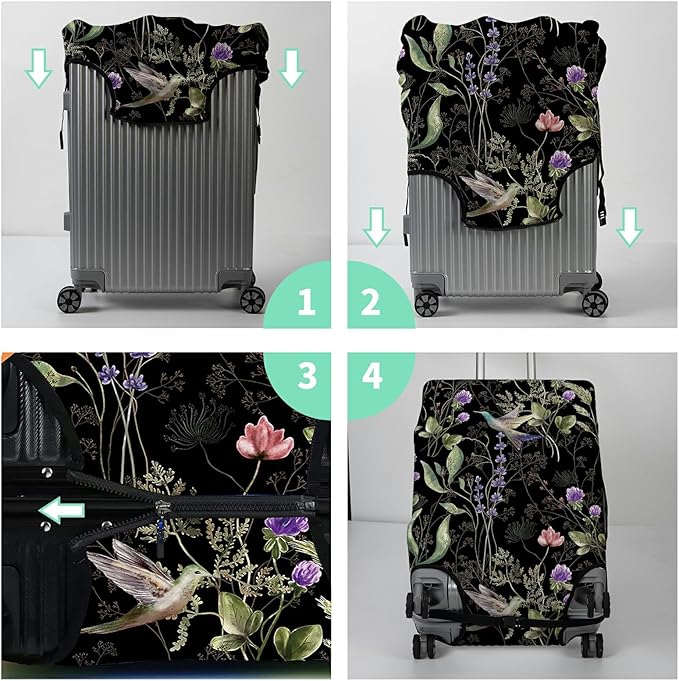 Suitcase Protector Plus 1 Luggage Tag, Wild Flowers Hummingbird Travel Suitcase Cover for 28 inch Luggage with Concealed Zipper Washable Elastic Cloth Dustproof Anti-Scratch
