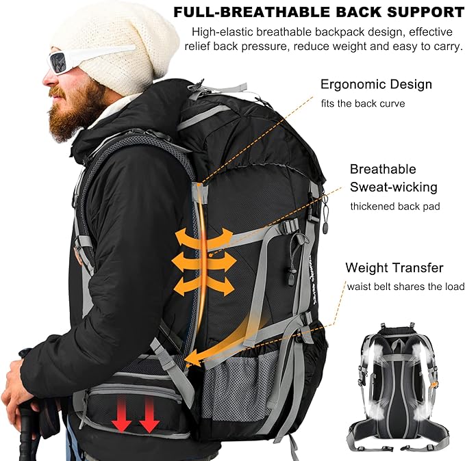 Loowoko 50L Hiking Backpack, Waterproof Camping Essentials Bag with Rain Cover, 45+5 Liter Lightweight Backpacking Back Pack