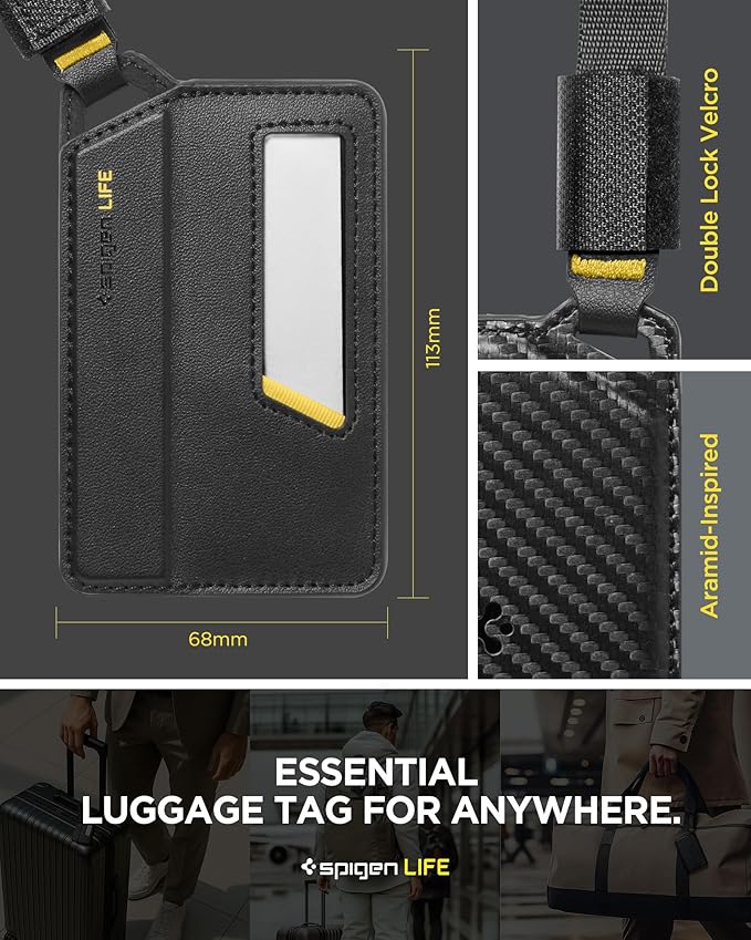 Spigen Life Luggage Tags Premium Velo Vegan Leather ID Label for Suitecase Travel Bag Accessories with Magnetic Closure Privacy Protection Design Durable Strap - Black (2 Pack)