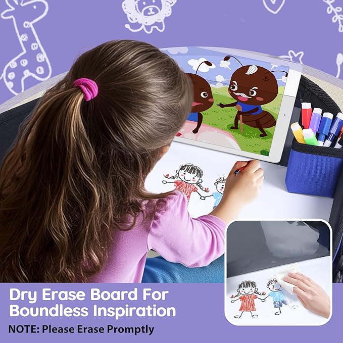 Kids Travel Tray, Kids Travel Trays for Car Seat, Road Trip Essentials for Toddler, Carseat Lap Tray with Dry Erase Board & Storage Organizer for Road Trip Activities for Kid, Blue