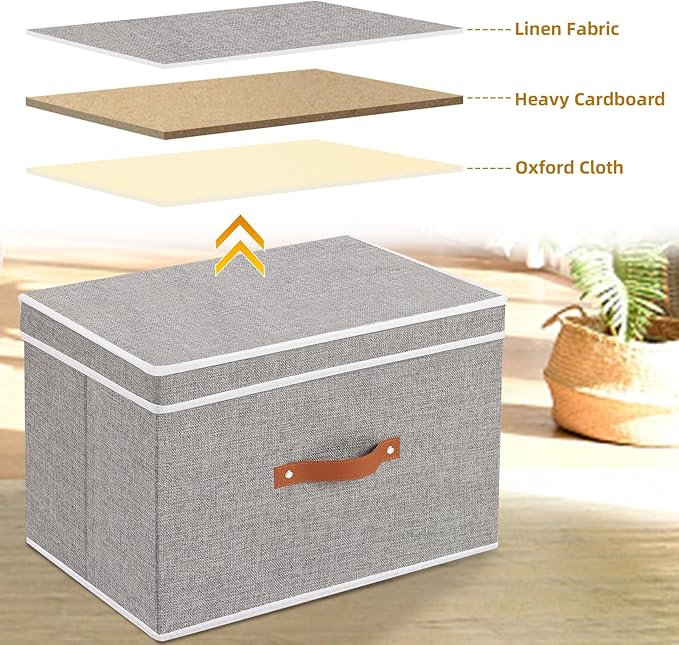 Collapsible Storage Bins with Lids, 3 Pack Linen Foldable Cloth Baskets, 15 x 9.8 x 9.8 Inch Closet Organizer Containers with Double Handles, Sweater Boxes for Bedroom, Grey