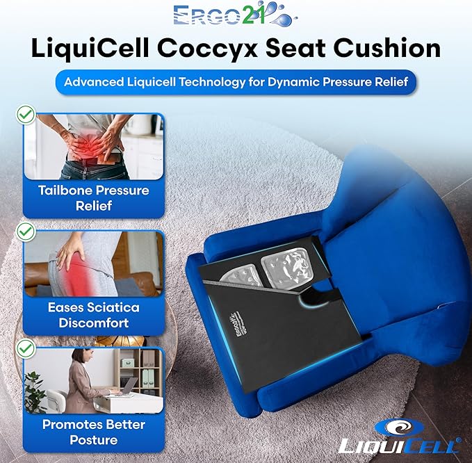 LiquiCell Coccyx Seat Cushion, Aid for Tailbone Pain Relief, Sciatica Pain, Back Support | Donut Like Butt Pillow for Long Hours Sitting at Home/Office Chair (17.5" W x 15.5" L x 2" H)