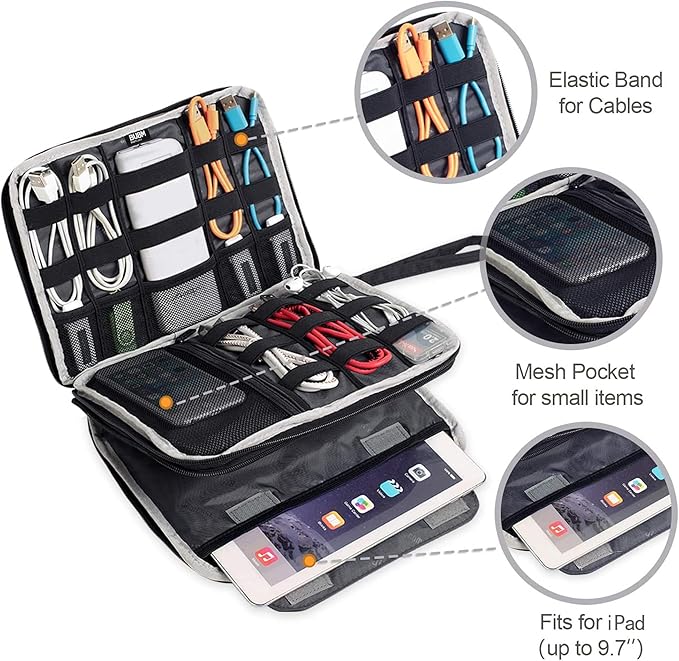 BUBM Double Layer Electronics Organizer, Travel Gadget Bag for Cables, Memory Cards, Flash Hard Drive and More, Fit for iPad or Tablet(up To 9.7")--Large, Dark Blue