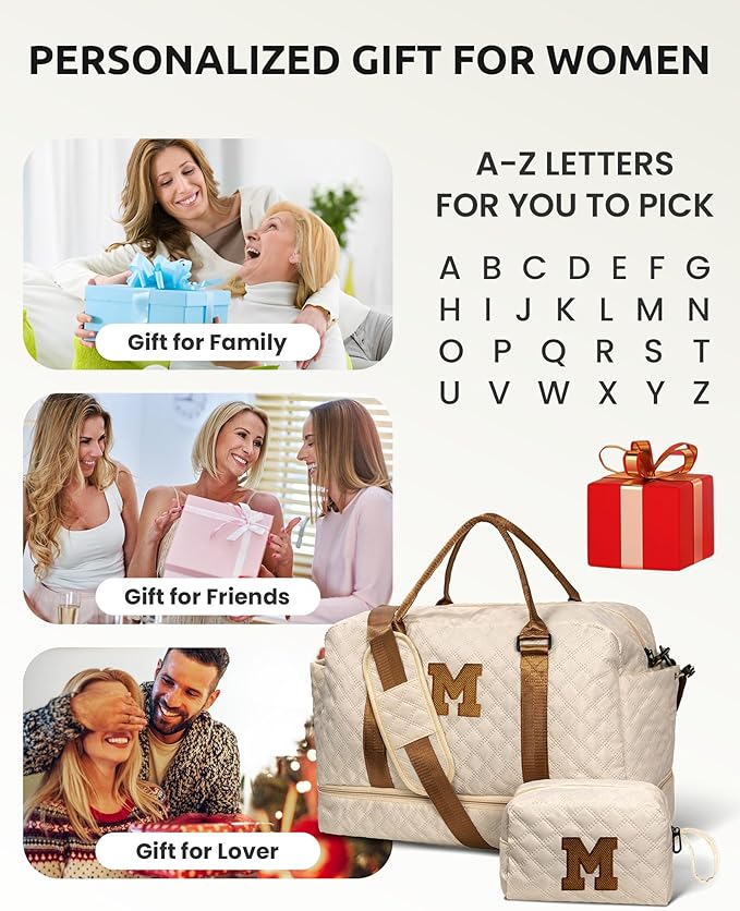 Girls/Kids Initial Duffle Bag with Shoe Compartment, Kids Personalized Travel Bags with Makeup Bag for Women with Trolley Sleeve & Wet Pocket, Gifts for Teenage Girl(Letter E)