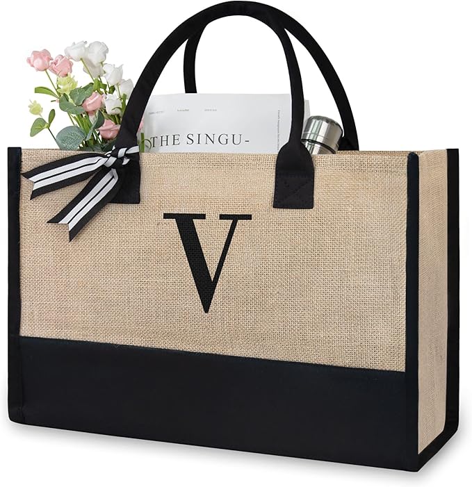 TOPDesign Initial Jute/Canvas Tote Bag, Personalized Present Bag, Suitable for Wedding, Birthday, Beach, Holiday, is a Great Gift for Women, Mom, Teachers, Friends, Bridesmaids (Letter V)