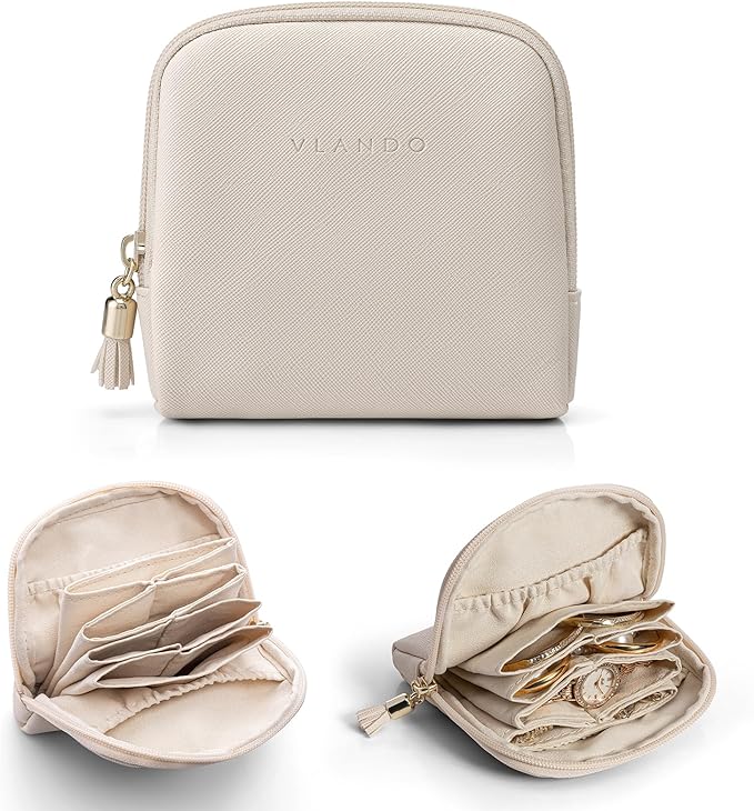 Vlando Mini Jewelry Travel Case,Jewelry Pouch Bags with Zipper,Velvet Jewelry Organizer Storage Bag for Bracelet Rings Earring Travel Essentials Gifts for Women Girl-Beige