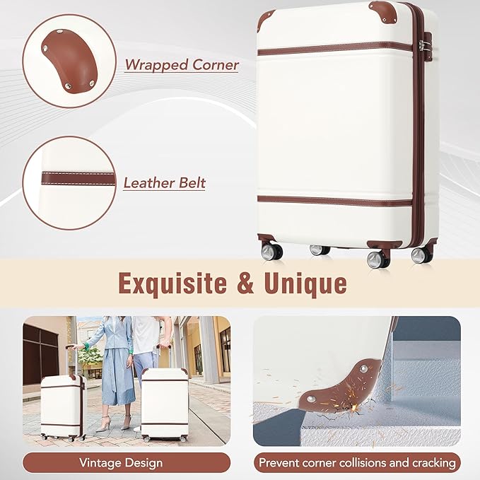 Merax Luggage Set 2 Piece Suitcase Set with Cosmetic Case Expandable Spinner Wheels Vintage Luggage Sets (White,20"+24")