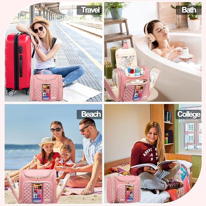 Travel Toiletry Bag for Women, Hanging Toiletry Bag, Bathroom Bag Portable Shower Caddy for College Dorm Travel Shower Bag for Women Water-Resistant Cosmetic Makeup Bag (Pink)