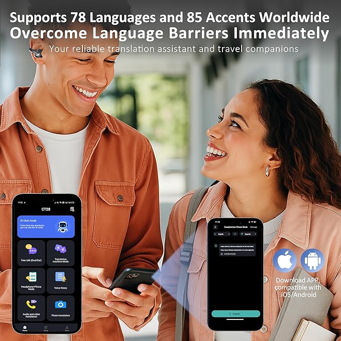 AI Language Translation Earbuds Real Time, IAMJOY Language Translator Earbuds Open Ear Clip-On Design, 163 Language & Accents Two-Way Translator Device with APP for Travel Learning Business, Black