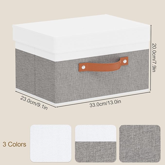 Fabric Storage Boxes with Lids, Linen Foldable Cloth Baskets, Closet Organizer Containers with Double Handles, Sweater Bins for Bedroom, White and Grey, 3 Pack, 13 x 9.1 x 7.9 Inch
