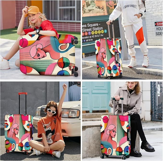 ANNA QUEEN Modern Art Fashion Luggage Cover, Stylish Abstract Woman Suitcase Protector, Washable, Stretchable Travel Sleeve for 32-34 Inch Luggage, Trendy, Colorful Design