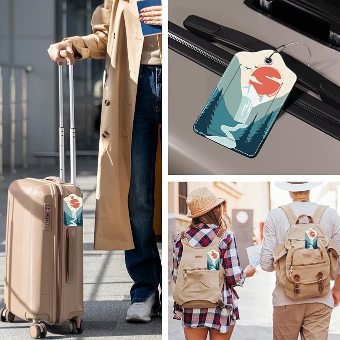 2 Pcs Mountain Sun Luggage Tags for Suitcases Men, Leather Luggage Tags for Men, Privacy Cover ID Label with Stainless Steel Loop & Address Card, Fun Travel Bag Tags Luggage Accessories for Suitcases