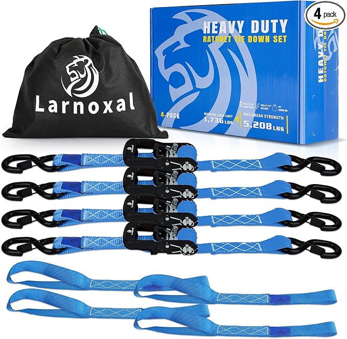 Ratchet Straps 4 Pack - 5,208 Lbs Break Strength 1.5 in x 8.2 Ft Heavy Duty Ratchet Tie Down Straps with S Hooks Set for Truck, Cargo Van, Trailer, Motorcycle (Blue)