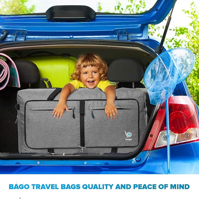Bago Big XXL Foldable Duffel Bags for Traveling Women & Men - 140L Packable Duffle Bag for Travel with Shoe Compartment - Water Repellant, Heavy Duty, Lightweight Folding & Collapsible (SnowGray)