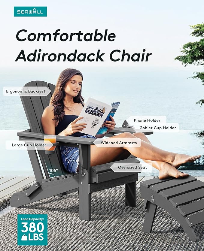 SERWALL Foldable Adirondack Chair Set of 6, HDPE Adirondack Chair with Wood-Texture-Gray